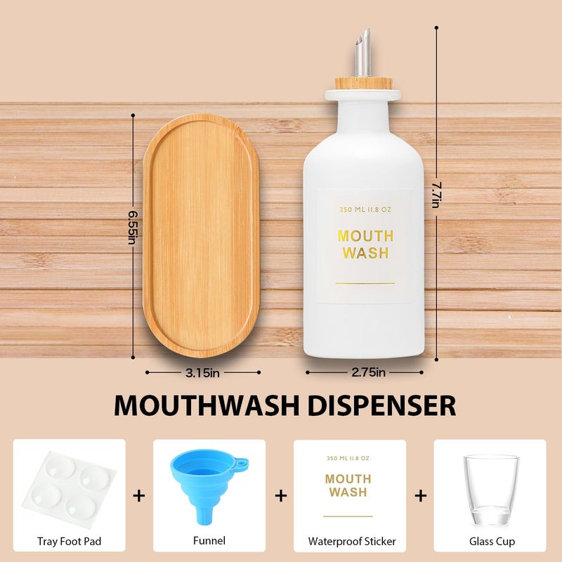 BONLONG 11.8OZ Mouthwash Dispenser for Bathroom with Bamboo & Stainless Steel Pour Spout, Mouthwash Cups Reusable, Bamboo Tray, and Elegant Gold Label. Set of 2（White - Image 4